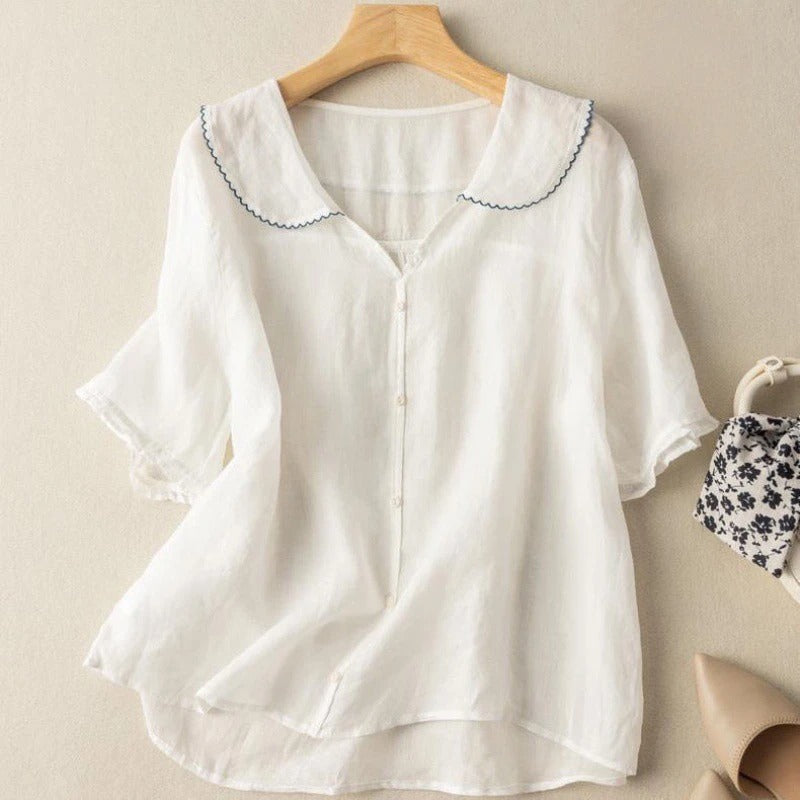 Celeste | Scalloped Collar Linen Blouse